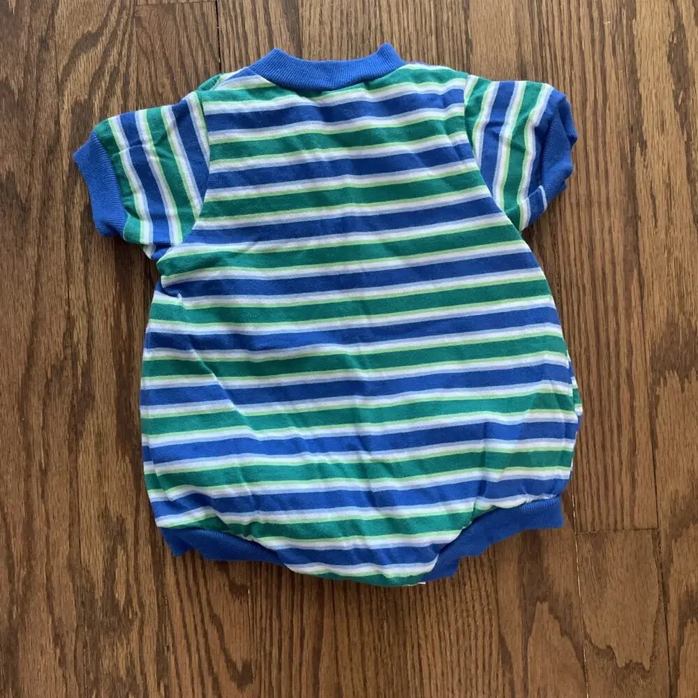 Vintage Healthtex Elephant One Piece 6-9 Month Boy Blue Green Striped Romper